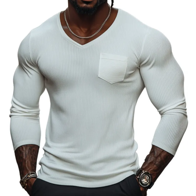 Men's Casual Ribbed V-Neck Patch Pocket Slim Fit Long Sleeve T-Shirt 29895341M sold by Manly