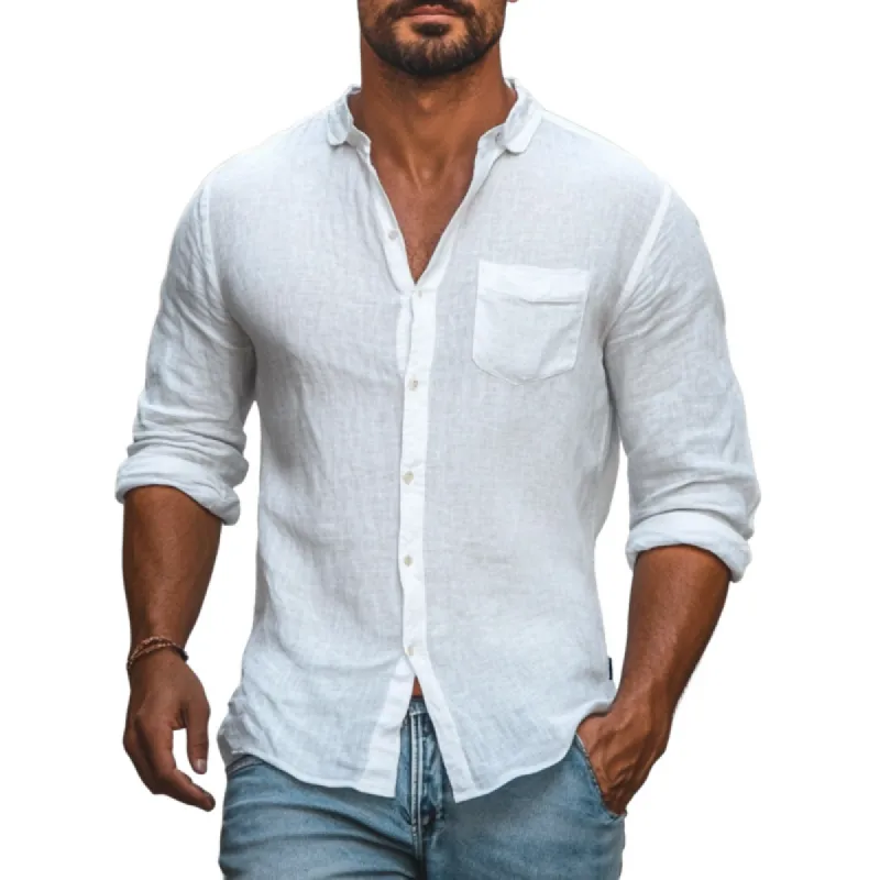 Men's Casual Cotton Linen Lapel Loose Long Sleeve Shirt 26192799M sold by Manly