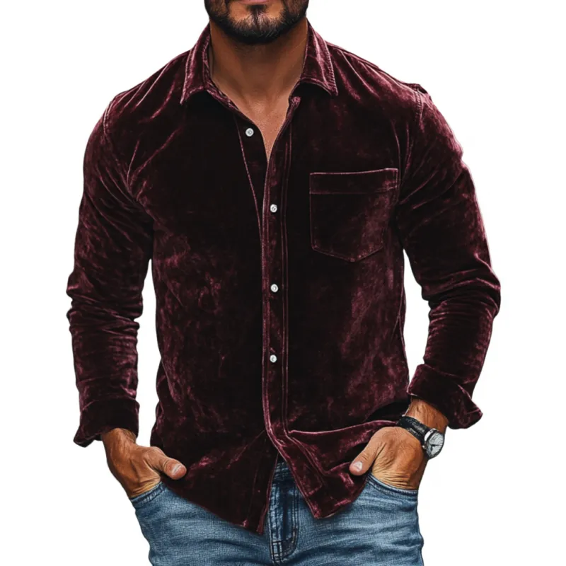 Men's Vintage Velvet Lapel Patch Pocket Slim Fit Long Sleeve Shirt 58429620M sold by Manly