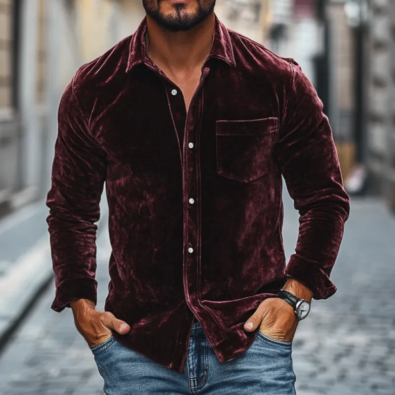 Men's Vintage Velvet Lapel Patch Pocket Slim Fit Long Sleeve Shirt 58429620M sold by Manly product image thumbnail 2