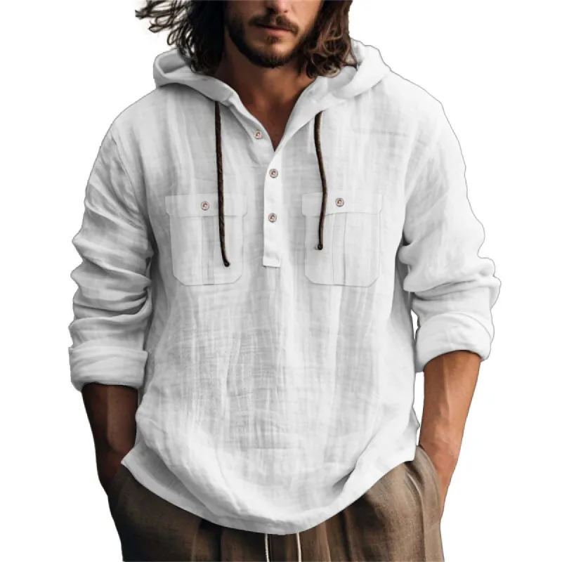 Men's Casual Cotton Linen Chest Pocket Loose Hoodie 39860824M sold by Manly