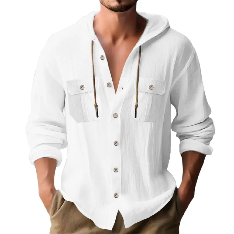 Men's Casual Cotton Linen Chest Pocket Loose Hooded Long Sleeve Shirt 31015546M sold by Manly