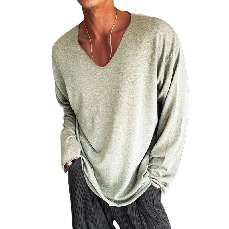 Men's Casual V-neck Cotton Blended Loose Long Sleeve T-shirt 40209408M sold by Manly
