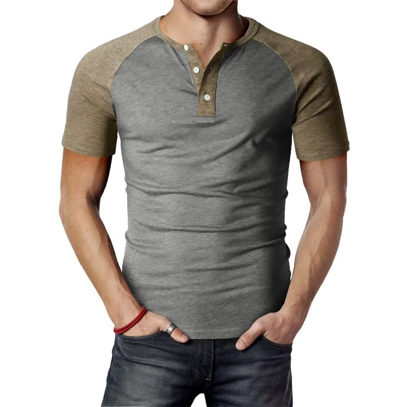 Men's Retro Colorblock Button Round Neck Short Sleeve T-Shirt 02765880U made by Manly