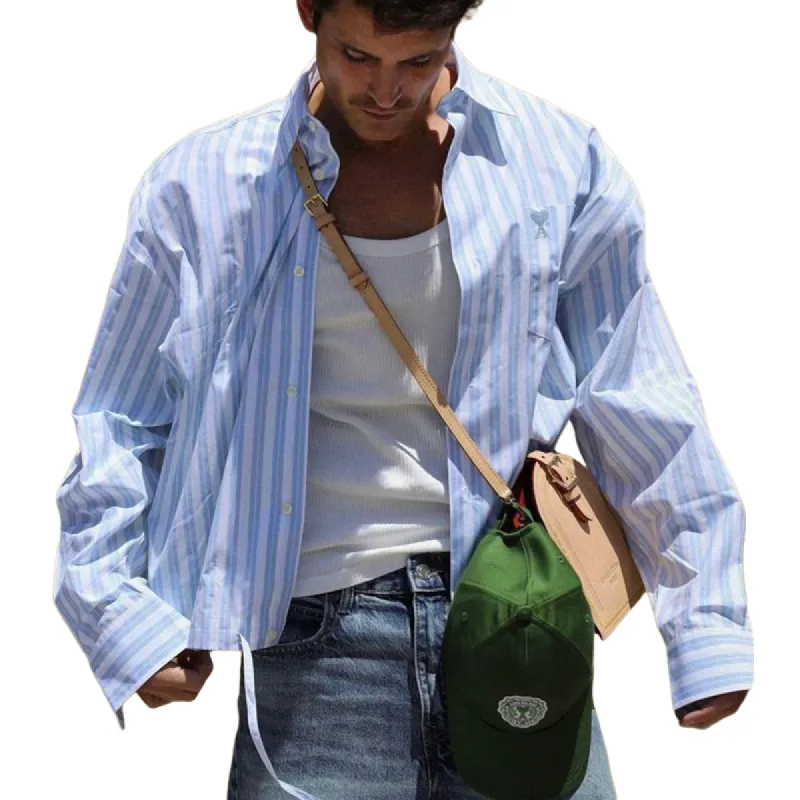 Men's Casual Loose Vertical Striped Short and Medium Shirt 82241631U sold by Manly