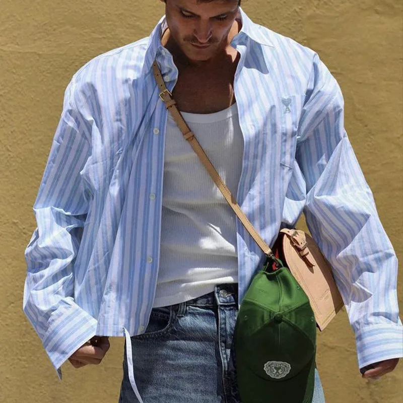Men's Casual Loose Vertical Striped Short and Medium Shirt 82241631U sold by Manly product image thumbnail 2