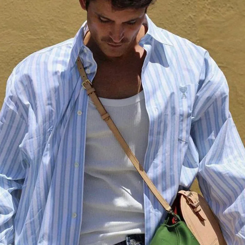 Men's Casual Loose Vertical Striped Short and Medium Shirt 82241631U sold by Manly product image thumbnail 3