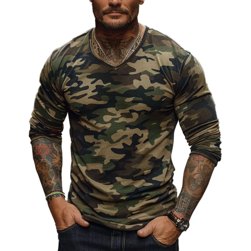 Men's Outdoor Camouflage Print V-neck Long-sleeved T-shirt 09312691X sold by Manly