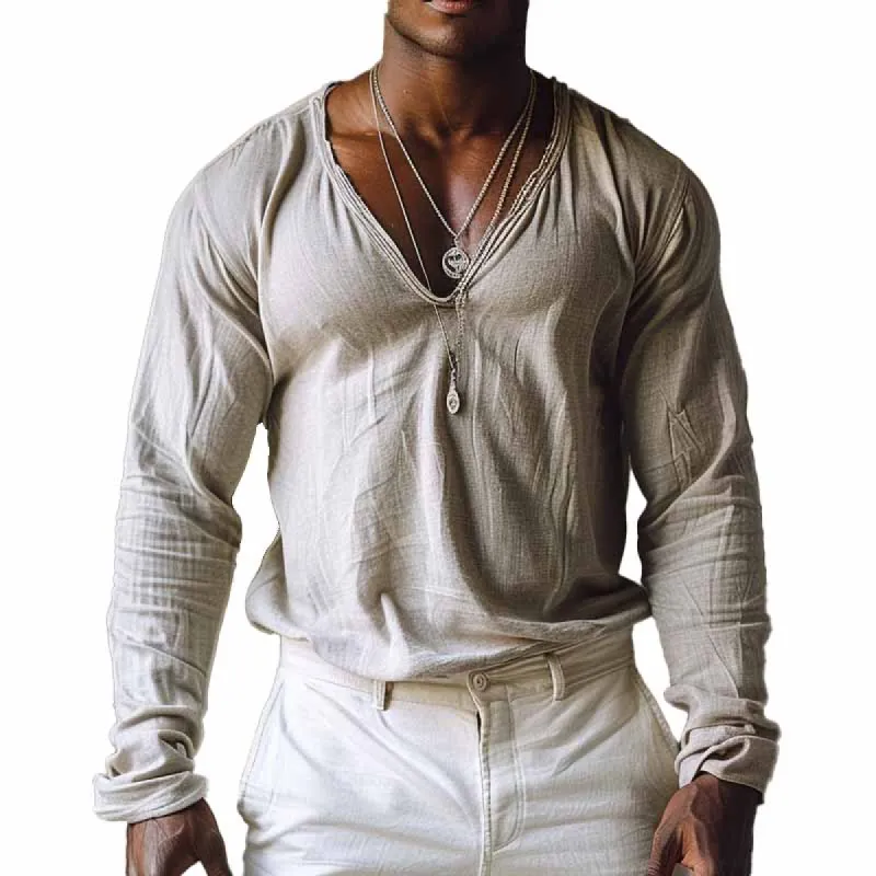 Men's Casual Cotton V-neck Long Sleeve T-shirt 23138024X sold by Manly