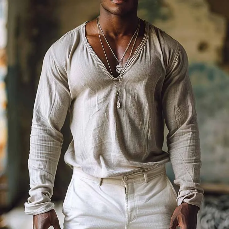 Men's Casual Cotton V-neck Long Sleeve T-shirt 23138024X sold by Manly product image thumbnail 2