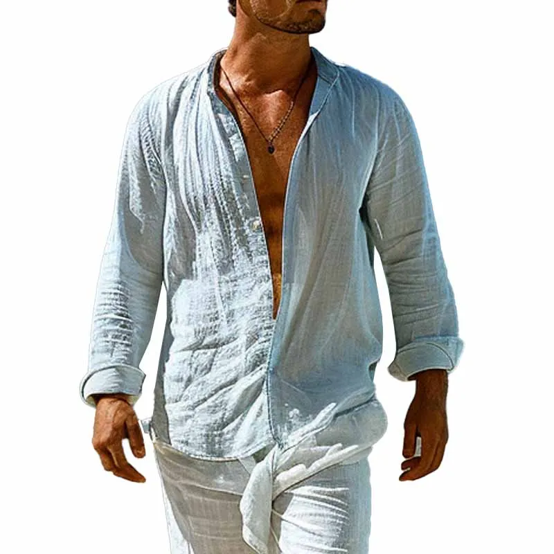 Men's Cotton and Linen Casual Stand Collar Long Sleeve Shirt 60215869X sold by Manly