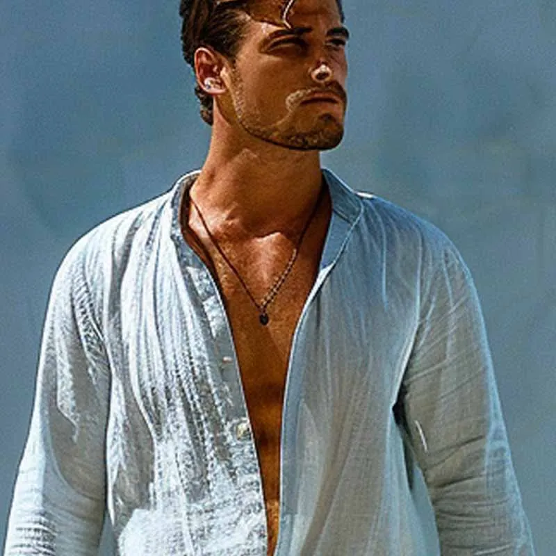 Men's Cotton and Linen Casual Stand Collar Long Sleeve Shirt 60215869X sold by Manly product image thumbnail 3