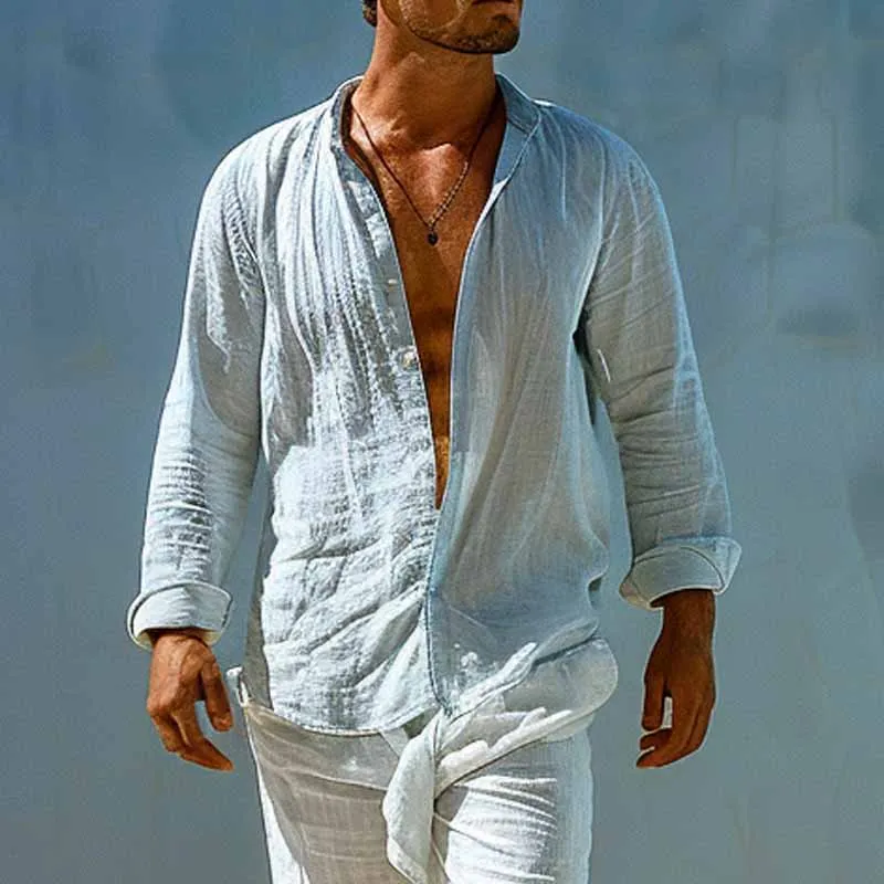 Men's Cotton and Linen Casual Stand Collar Long Sleeve Shirt 60215869X sold by Manly product image thumbnail 2