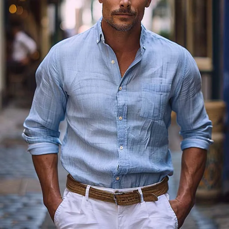 Men's Casual Cotton and Linen Pocket Lapel Long Sleeve Shirt 03425164X sold by Manly product image thumbnail 2