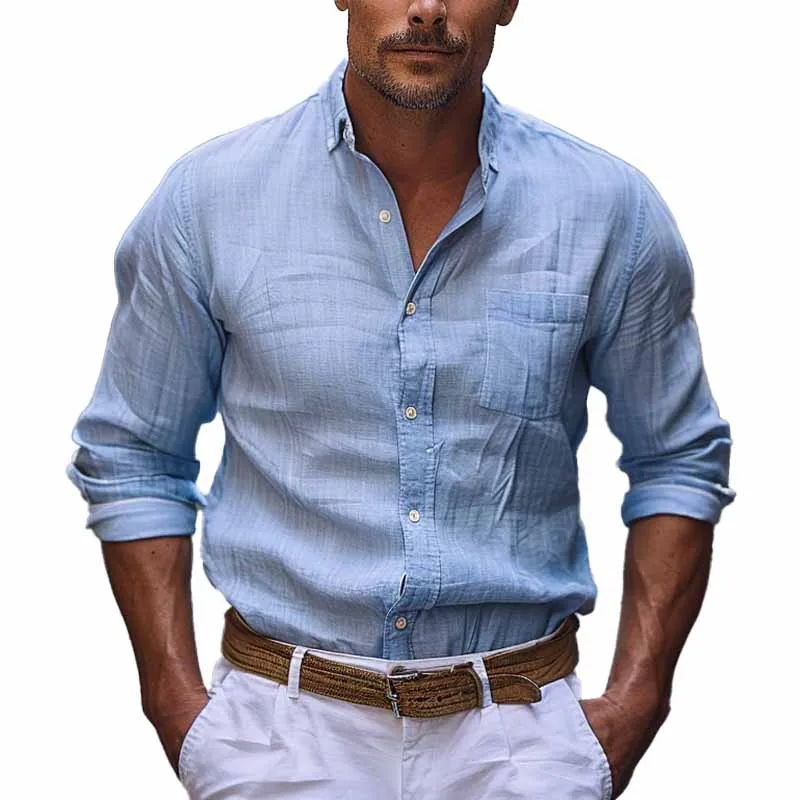 Men's Casual Cotton and Linen Pocket Lapel Long Sleeve Shirt 03425164X sold by Manly