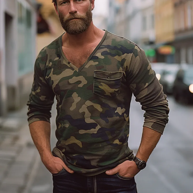 Men's Vintage Camouflage Pocket V-Neck Long Sleeve T-Shirt 97069875X sold by Manly product image thumbnail 4