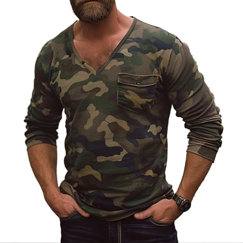 Men's Vintage Camouflage Pocket V-Neck Long Sleeve T-Shirt 97069875X sold by Manly