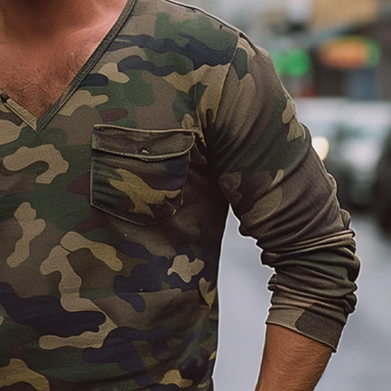 Men's Vintage Camouflage Pocket V-Neck Long Sleeve T-Shirt 97069875X sold by Manly product image thumbnail 3