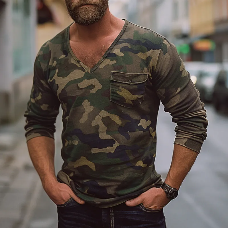 Men's Vintage Camouflage Pocket V-Neck Long Sleeve T-Shirt 97069875X sold by Manly product image thumbnail 2