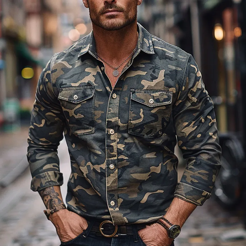 Men's Casual Camouflage Print Lapel Long Sleeve Shirt 23257942X sold by Manly product image thumbnail 2