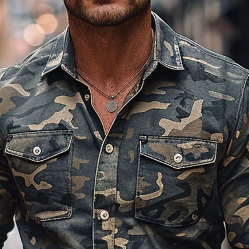 Men's Casual Camouflage Print Lapel Long Sleeve Shirt 23257942X sold by Manly product image thumbnail 3