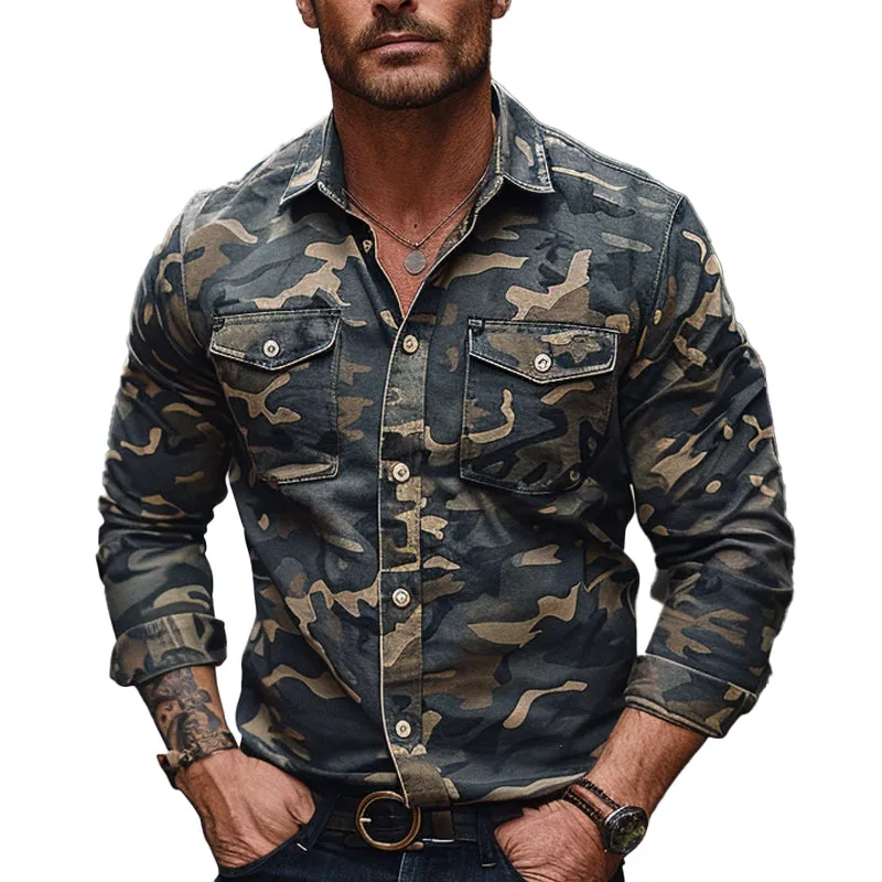 Men's Casual Camouflage Print Lapel Long Sleeve Shirt 23257942X sold by Manly