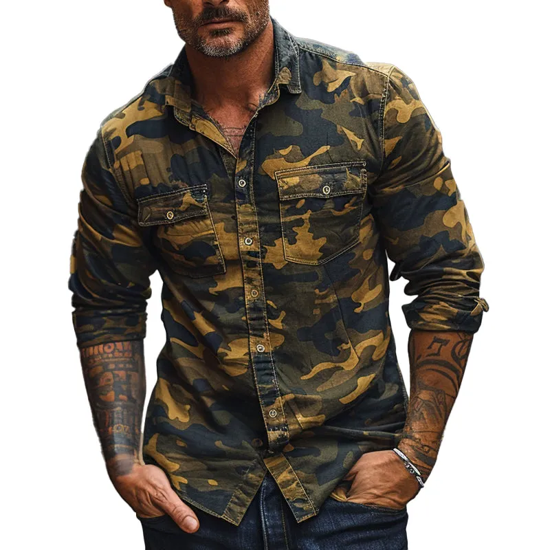 Men's Camouflage Print Lapel Long Sleeve Shirt 37478556X sold by Manly