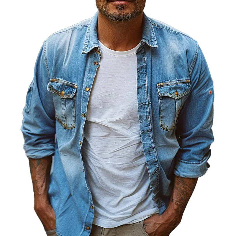 Men's Casual Lapel Denim Long Sleeve Shirt 26208428X sold by Manly