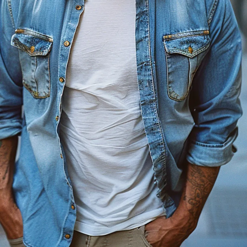 Men's Casual Lapel Denim Long Sleeve Shirt 26208428X sold by Manly product image thumbnail 3