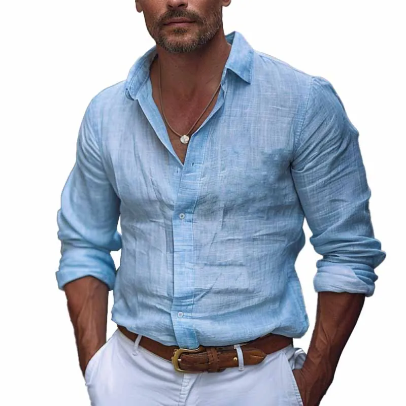 Men's Solid Color Cotton and Linen Long-sleeved Lapel Shirt 12904934X sold by Manly