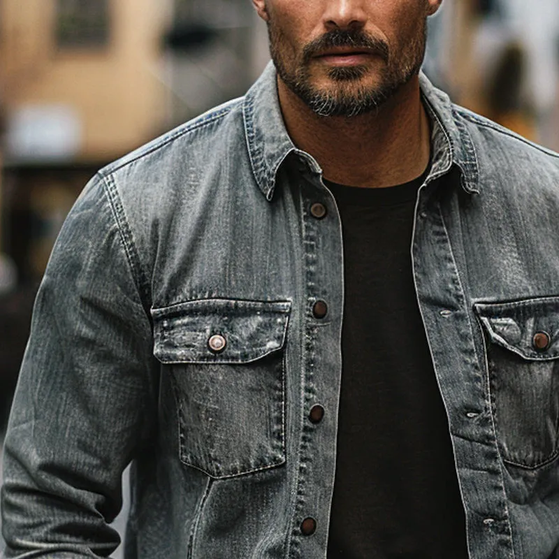 Men's Vintage Single Breasted Lapel Denim Long Sleeve Shirt 47231933X sold by Manly product image thumbnail 3