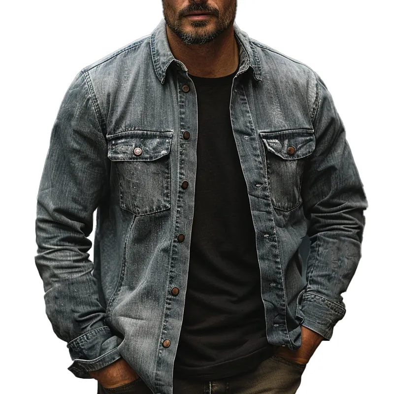 Men's Vintage Single Breasted Lapel Denim Long Sleeve Shirt 47231933X sold by Manly
