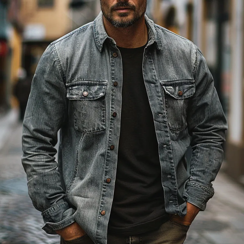 Men's Vintage Single Breasted Lapel Denim Long Sleeve Shirt 47231933X sold by Manly product image thumbnail 2