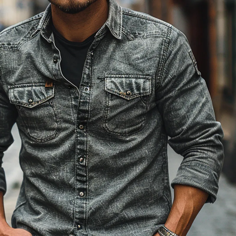 Men's Vintage Single Breasted Lapel Denim Long Sleeve Shirt 52892595X sold by Manly product image thumbnail 3