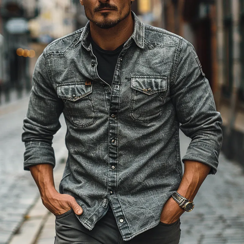 Men's Vintage Single Breasted Lapel Denim Long Sleeve Shirt 52892595X sold by Manly product image thumbnail 2