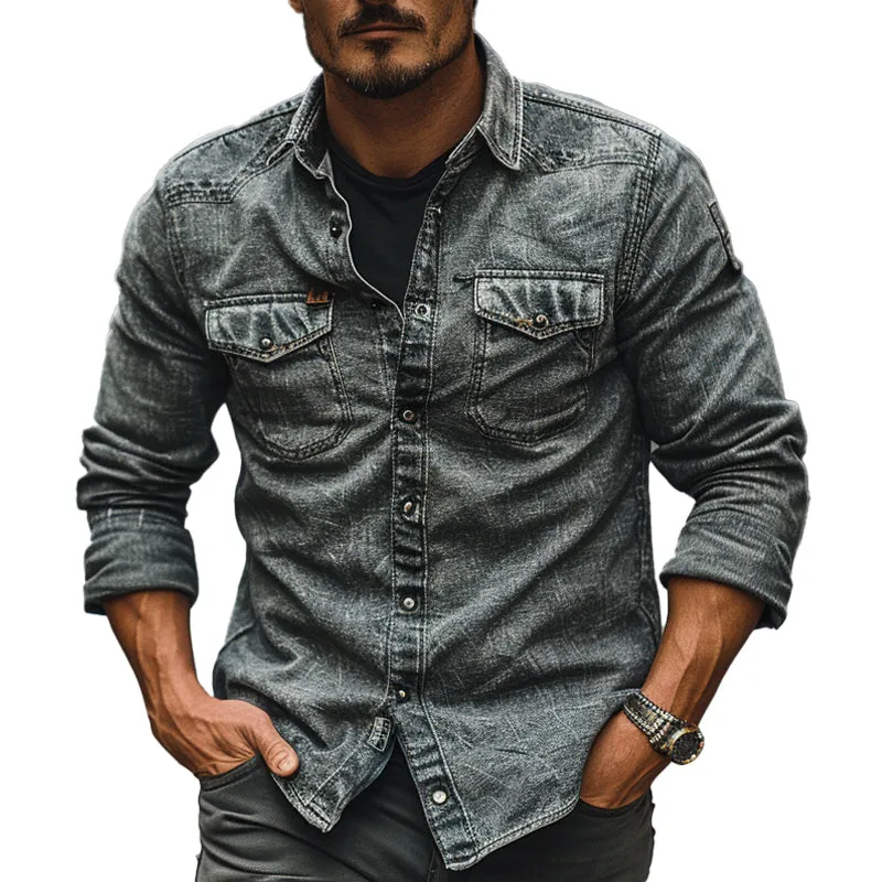 Men's Vintage Single Breasted Lapel Denim Long Sleeve Shirt 52892595X sold by Manly