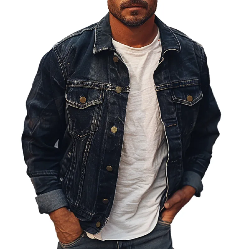 Men's Vintage Multi-Pocket Lapel Denim Jacket 73549389X sold by Manly