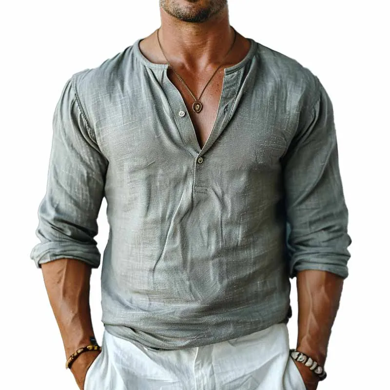 Men's Cotton and Linen Long-sleeved Button-down Shirt 77570557X sold by Manly