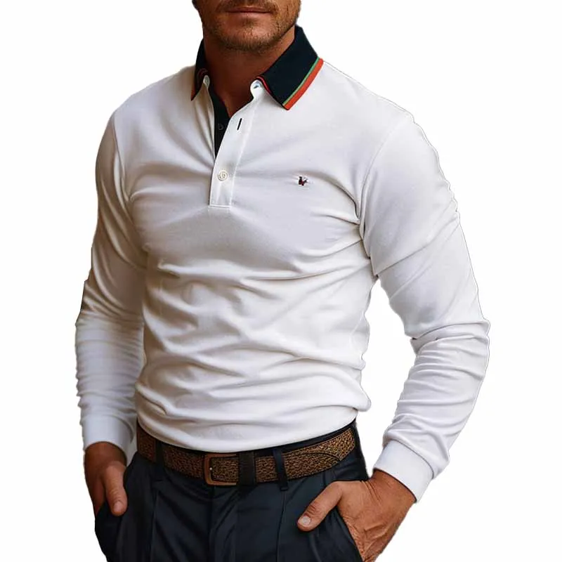 Men's Casual Contrast Color Lapel Long Sleeve POLO Shirt 61484206X sold by Manly