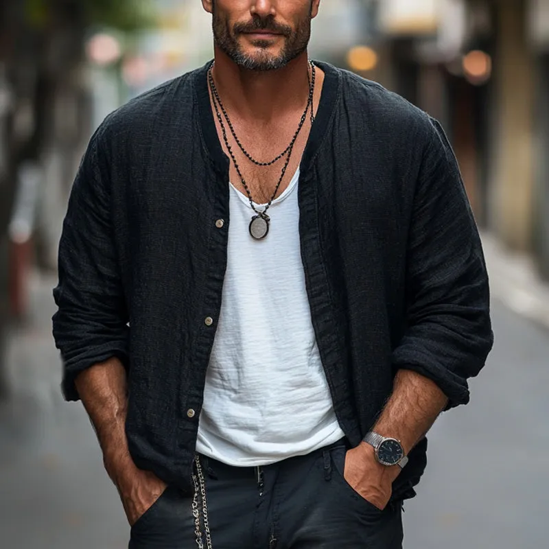 Men's Black Casual Loose Cotton and Linen Long-sleeved Shirt 89218429U sold by Manly product image thumbnail 3