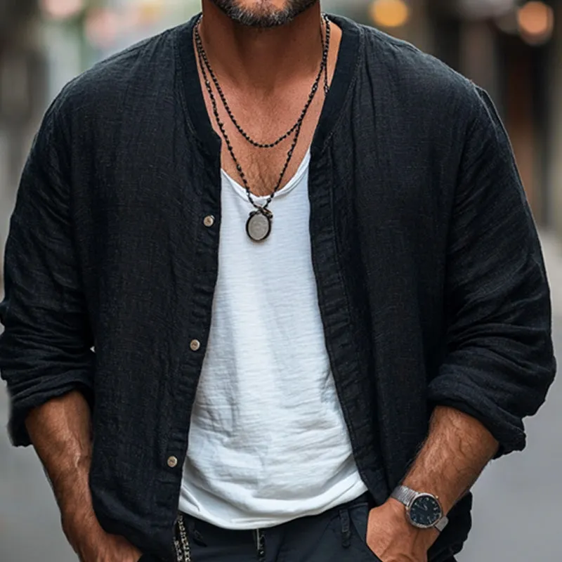 Men's Black Casual Loose Cotton and Linen Long-sleeved Shirt 89218429U sold by Manly product image thumbnail 4