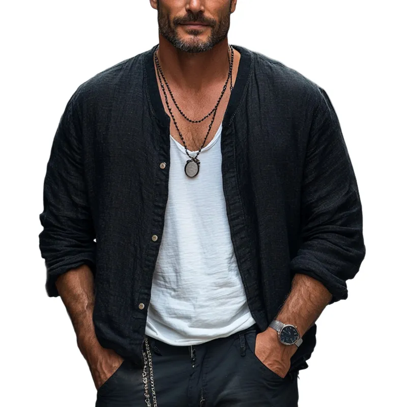 Men's Black Casual Loose Cotton and Linen Long-sleeved Shirt 89218429U sold by Manly