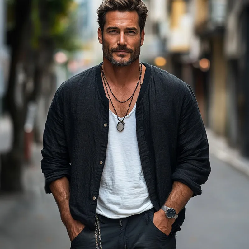 Men's Black Casual Loose Cotton and Linen Long-sleeved Shirt 89218429U sold by Manly product image thumbnail 2