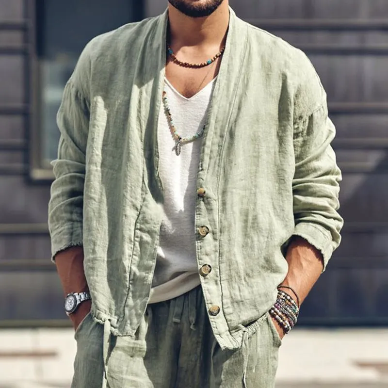 Men's Light Green Casual Loose Cotton and Linen Long-sleeved Shirt 00284673U sold by Manly product image thumbnail 2