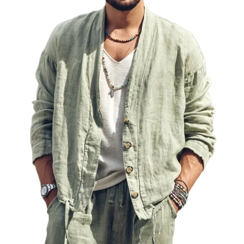 Men's Light Green Casual Loose Cotton and Linen Long-sleeved Shirt 00284673U sold by Manly