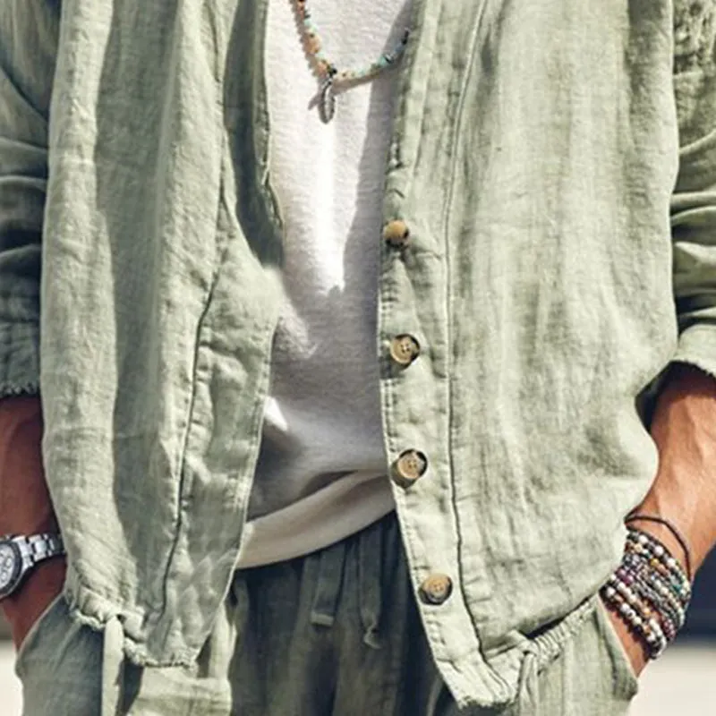 Men's Light Green Casual Loose Cotton and Linen Long-sleeved Shirt 00284673U sold by Manly product image thumbnail 3