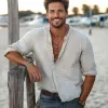 Men's Casual Crew Neck Linen Long Sleeve Shirt 95532545U sold by Manly