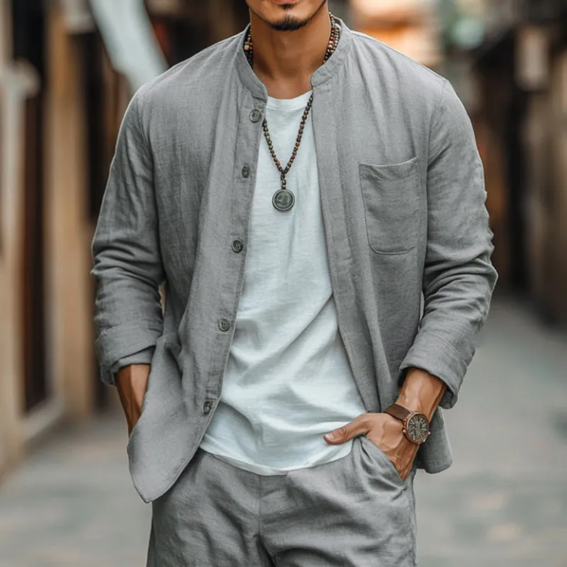 Men's Casual Round Neck Cotton and Linen Long Sleeve Shirt 80574272U sold by Manly product image thumbnail 3