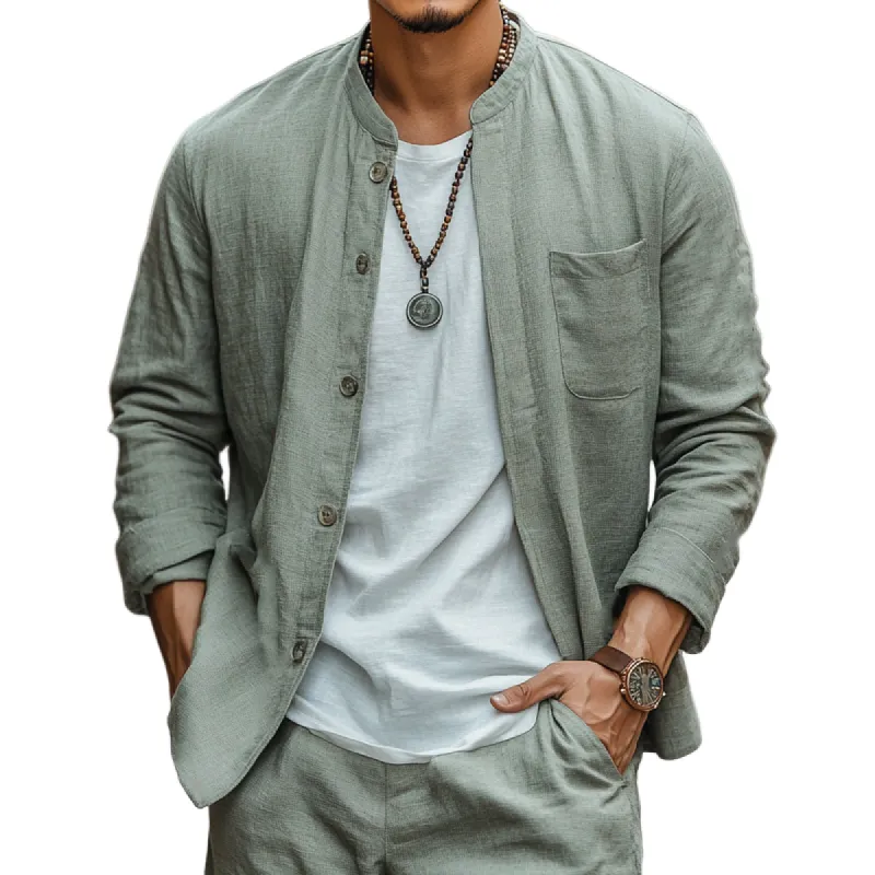 Men's Casual Round Neck Cotton and Linen Long Sleeve Shirt 80574272U sold by Manly