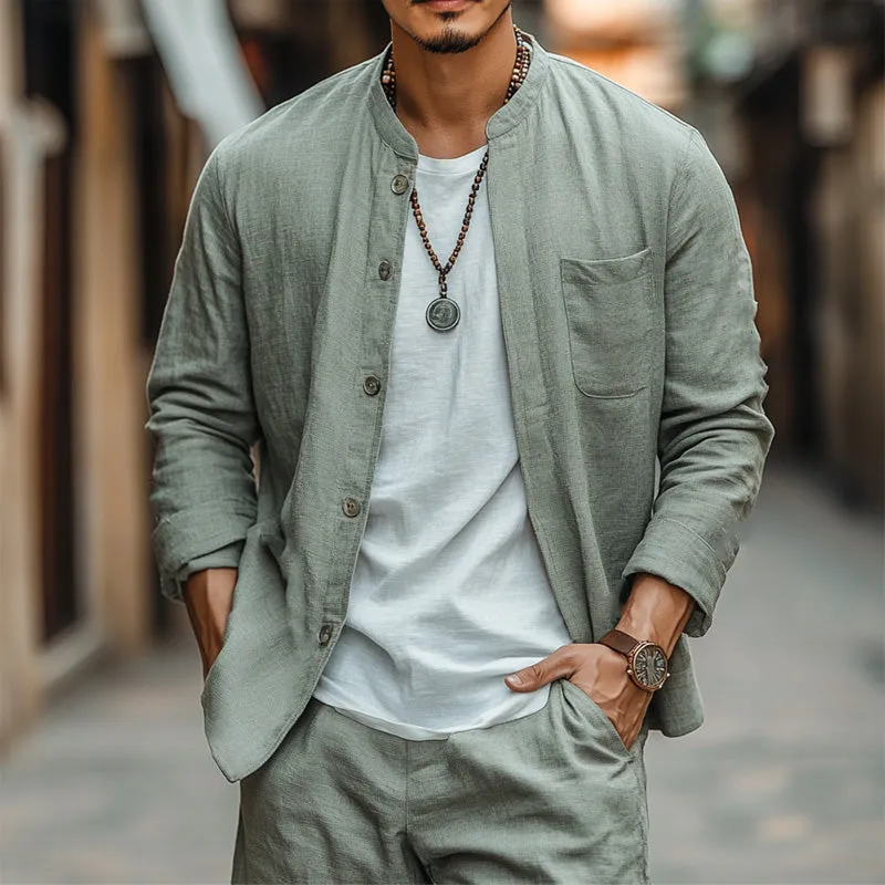 Men's Casual Round Neck Cotton and Linen Long Sleeve Shirt 80574272U sold by Manly product image thumbnail 2